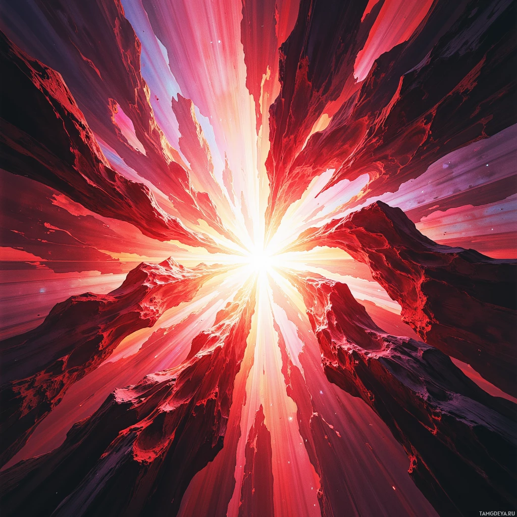 A vibrant, abstract image featuring a radiant burst of light emanating from the center, surrounded by dynamic, textured forms in shades of red, orange, and purple.