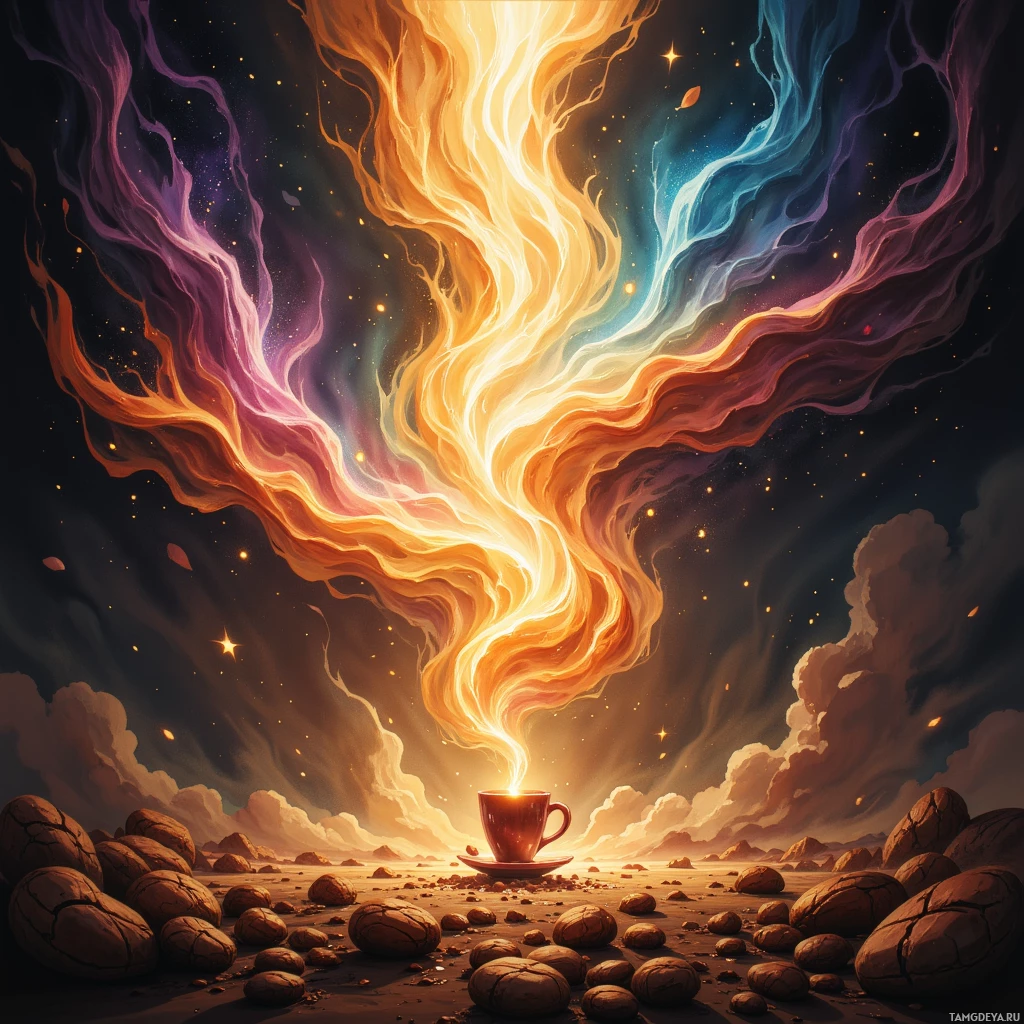 A vibrant, cosmic scene with swirling clouds and a glowing cup of coffee on a rocky landscape.