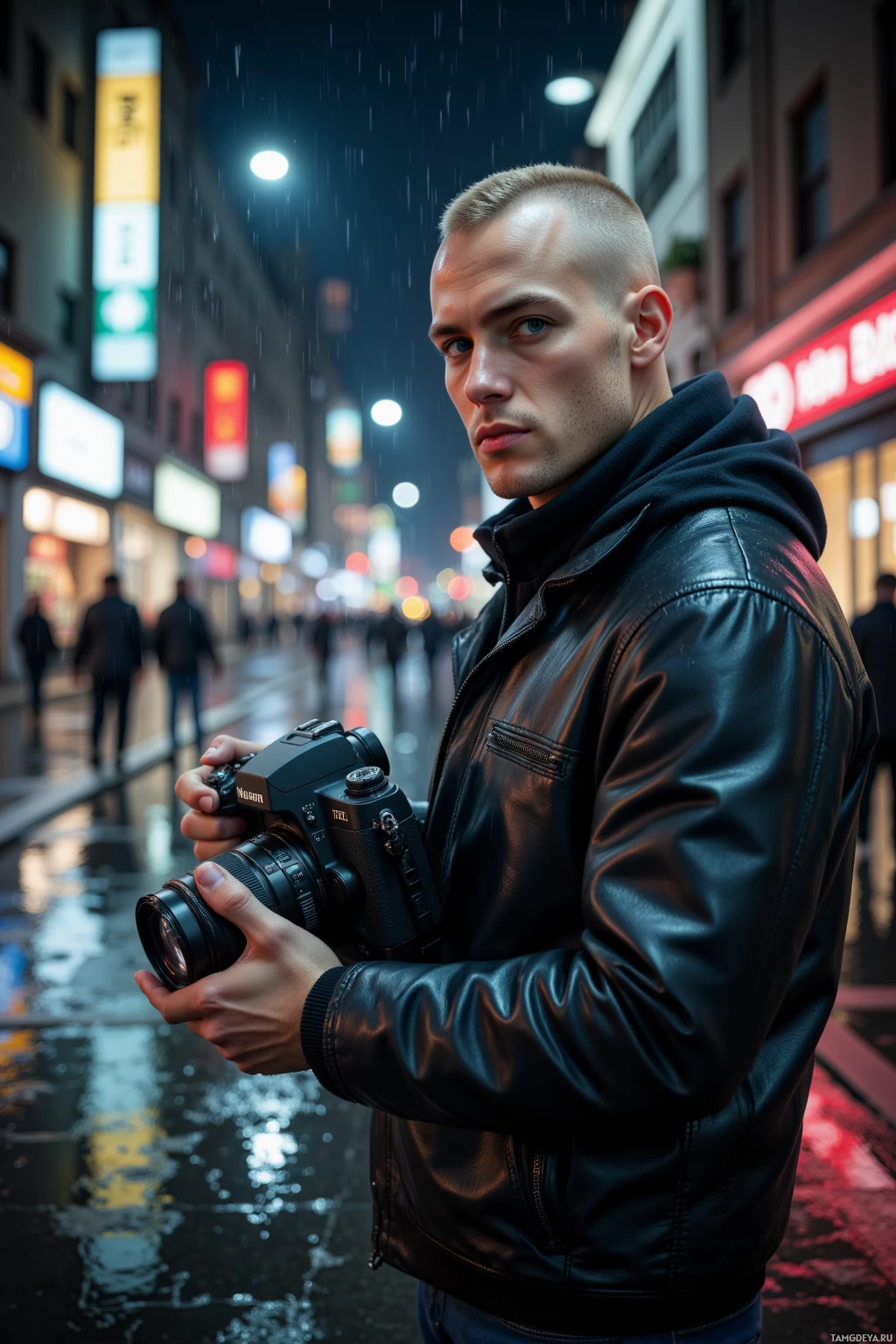 A man in a leather jacket holds a camera on a rainy city street at night.