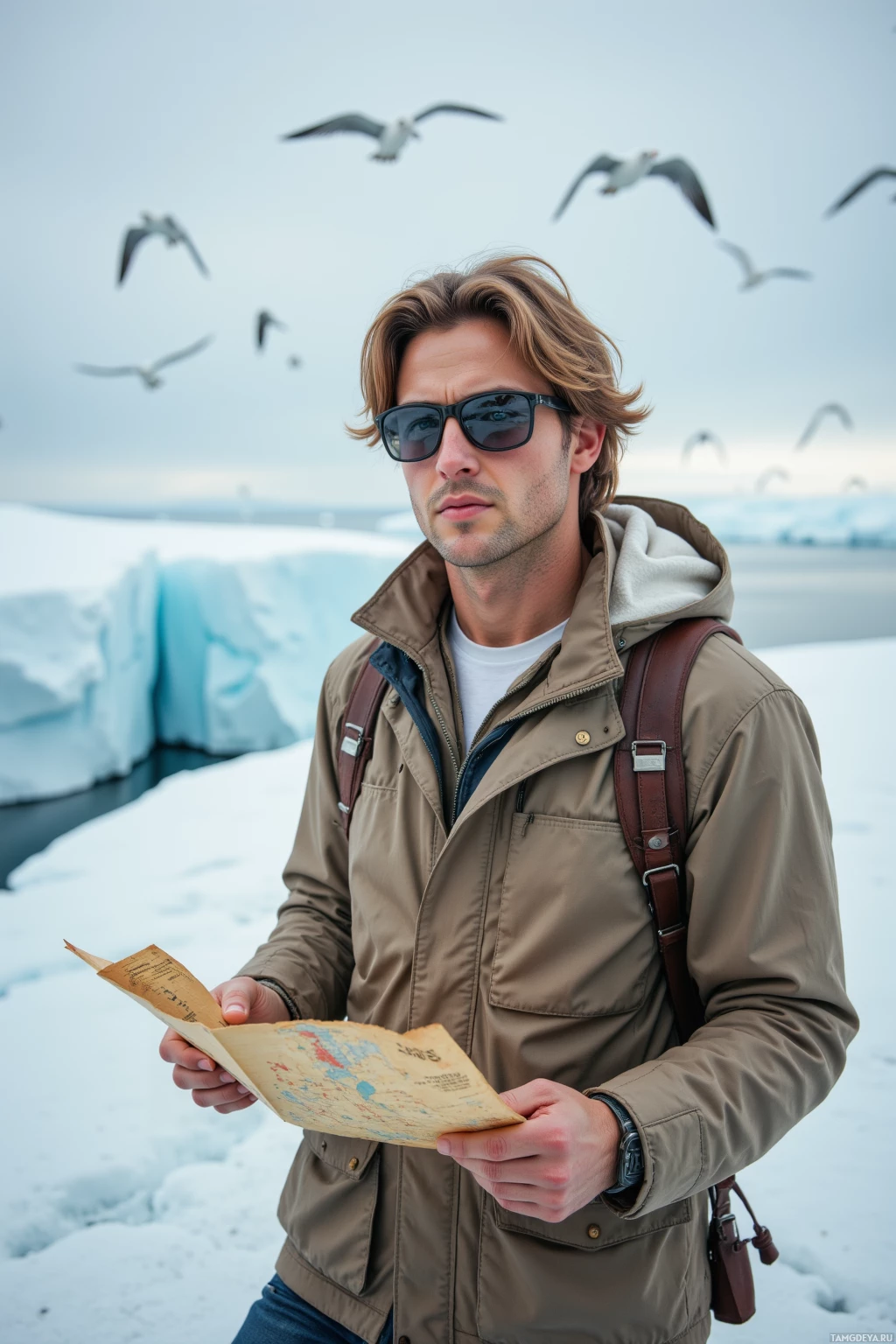 A man in a jacket and sunglasses stands in a snowy landscape, holding a map and looking ahead.