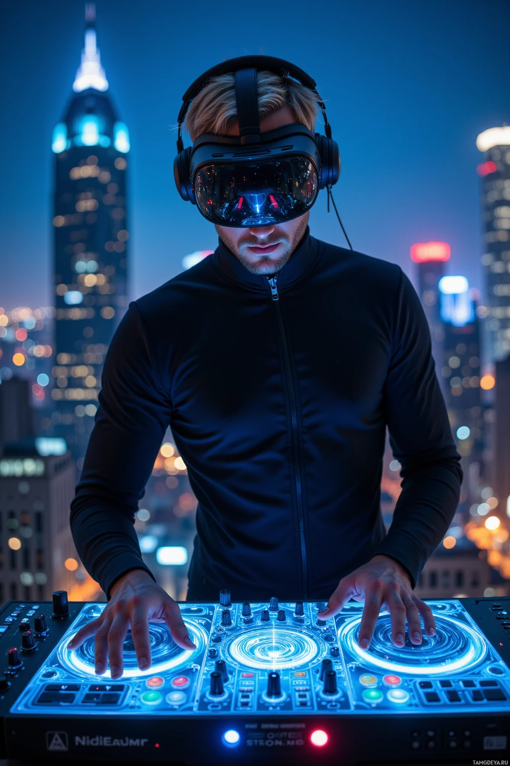 A person wearing a VR headset and headphones stands in front of a DJ mixer with a cityscape in the background.