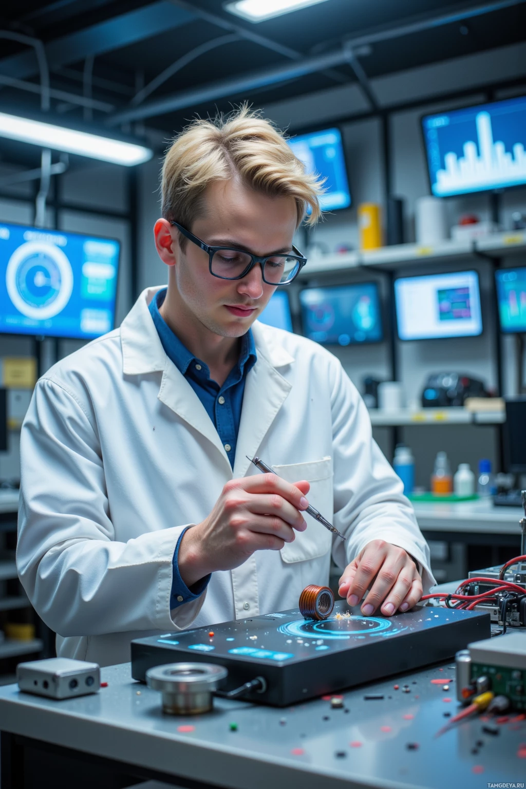A person in a lab coat works on electronic components in a laboratory setting.
