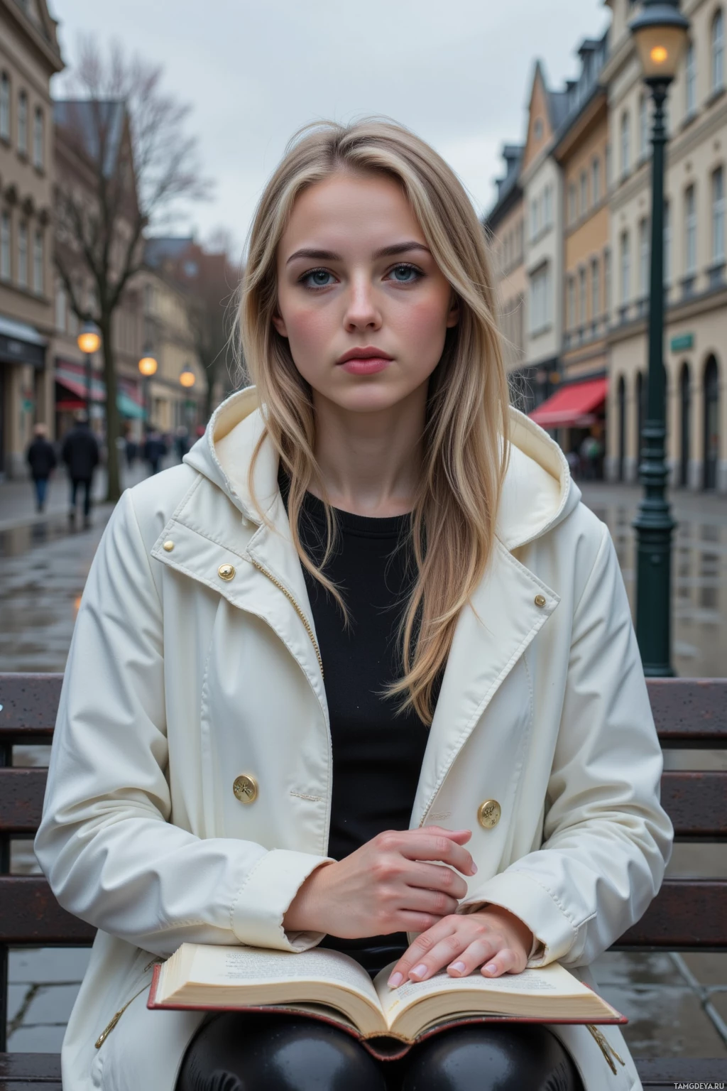 A person sits on a bench in an urban setting, holding an open book.
