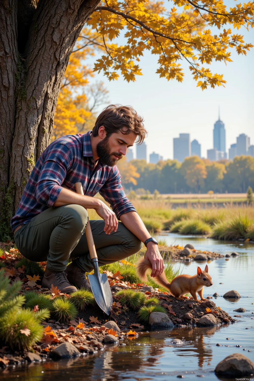 A man crouches by a stream, holding a shovel, with a squirrel nearby and a city skyline in the background.