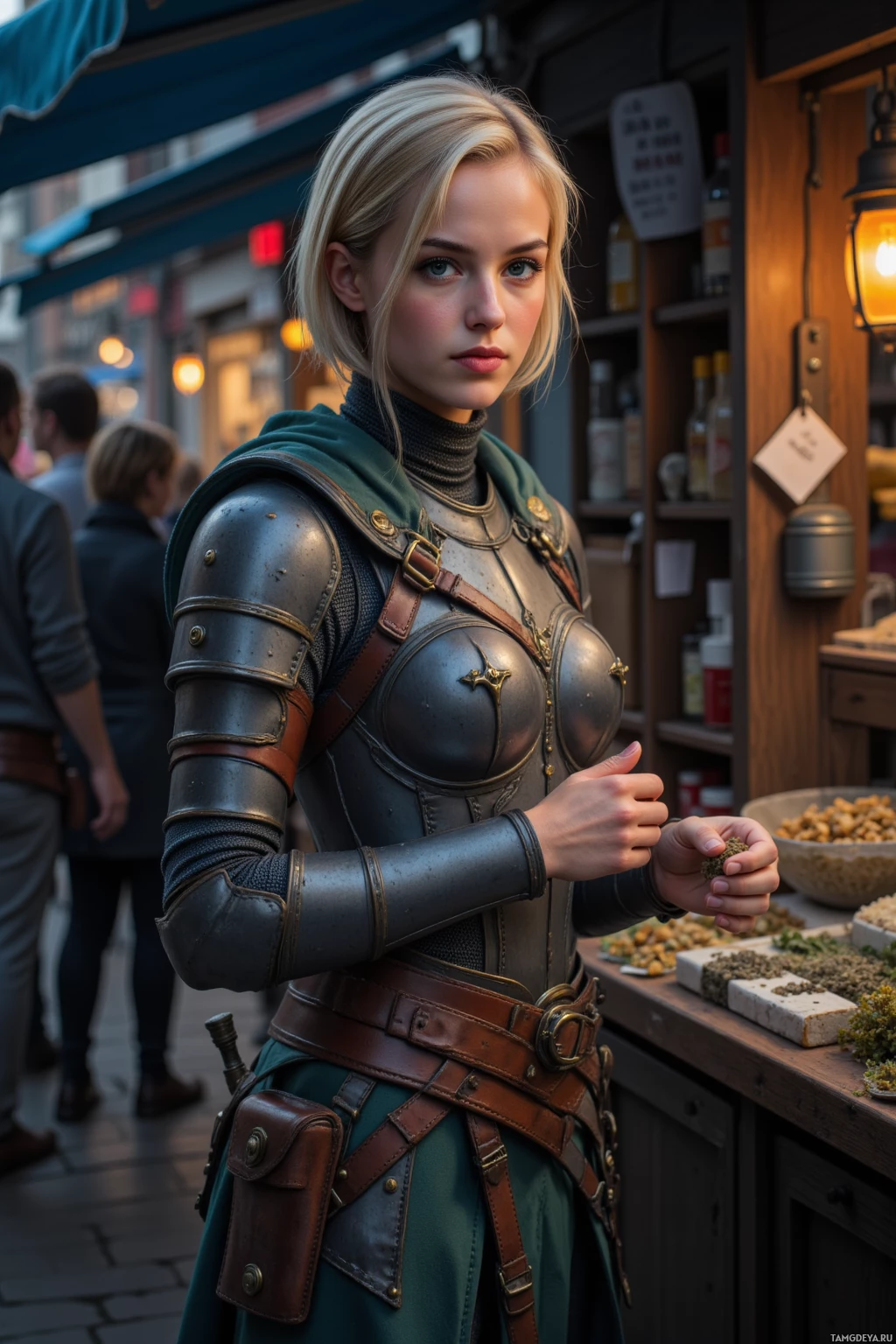 A person in medieval-style armor stands in a bustling market setting.