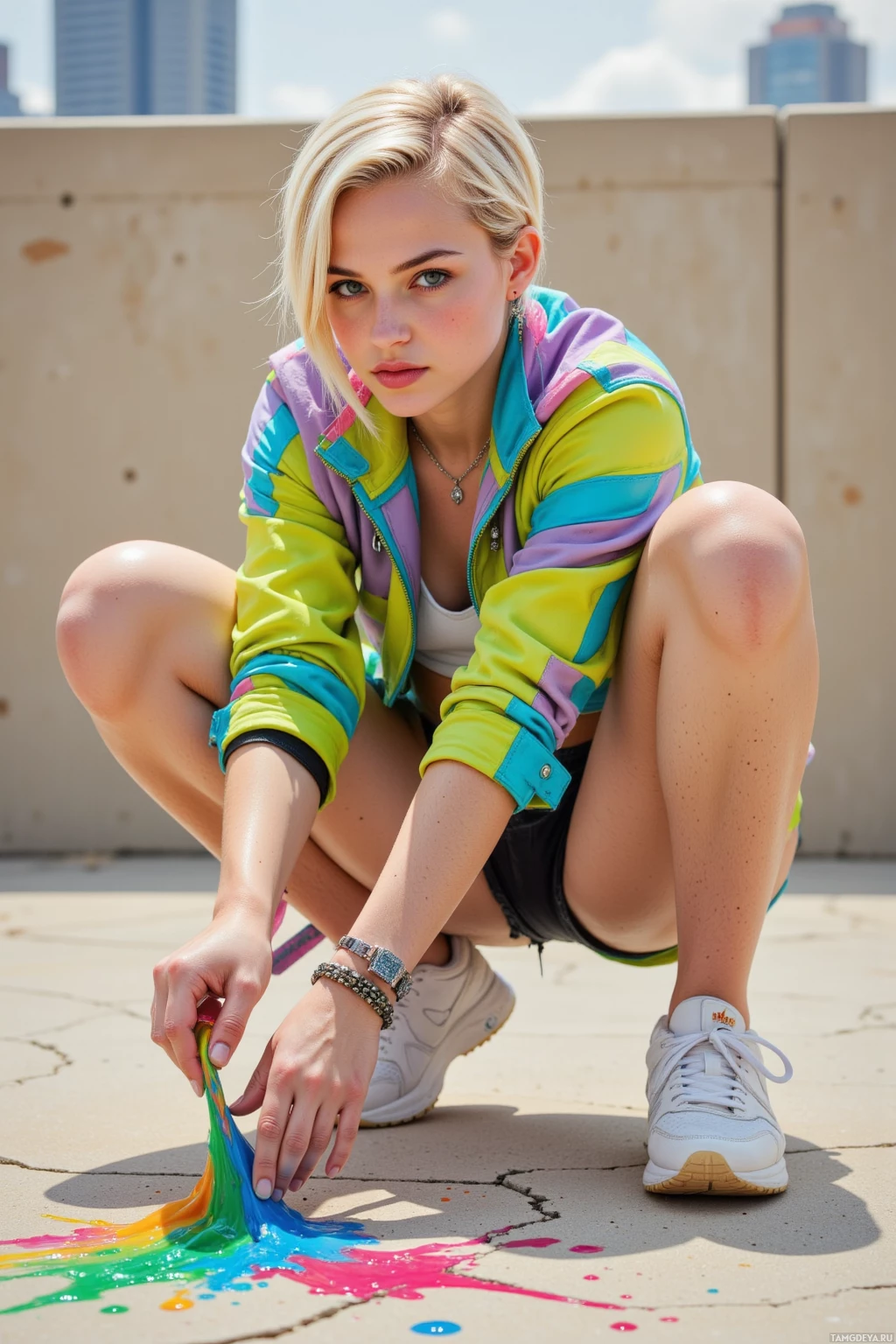 A person in a colorful jacket crouches outdoors, holding a paintbrush with colorful paint dripping onto the ground.