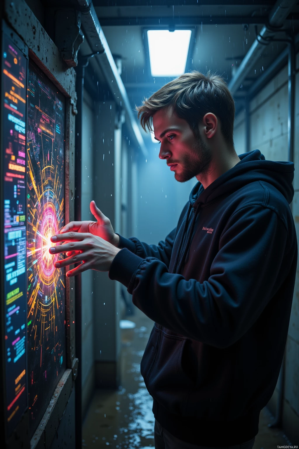 A person in a hoodie interacts with a glowing, futuristic interface in a dimly lit corridor.