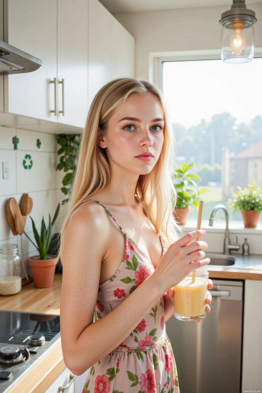A woman in a floral dress holds a glass of smoothie in a kitchen.
