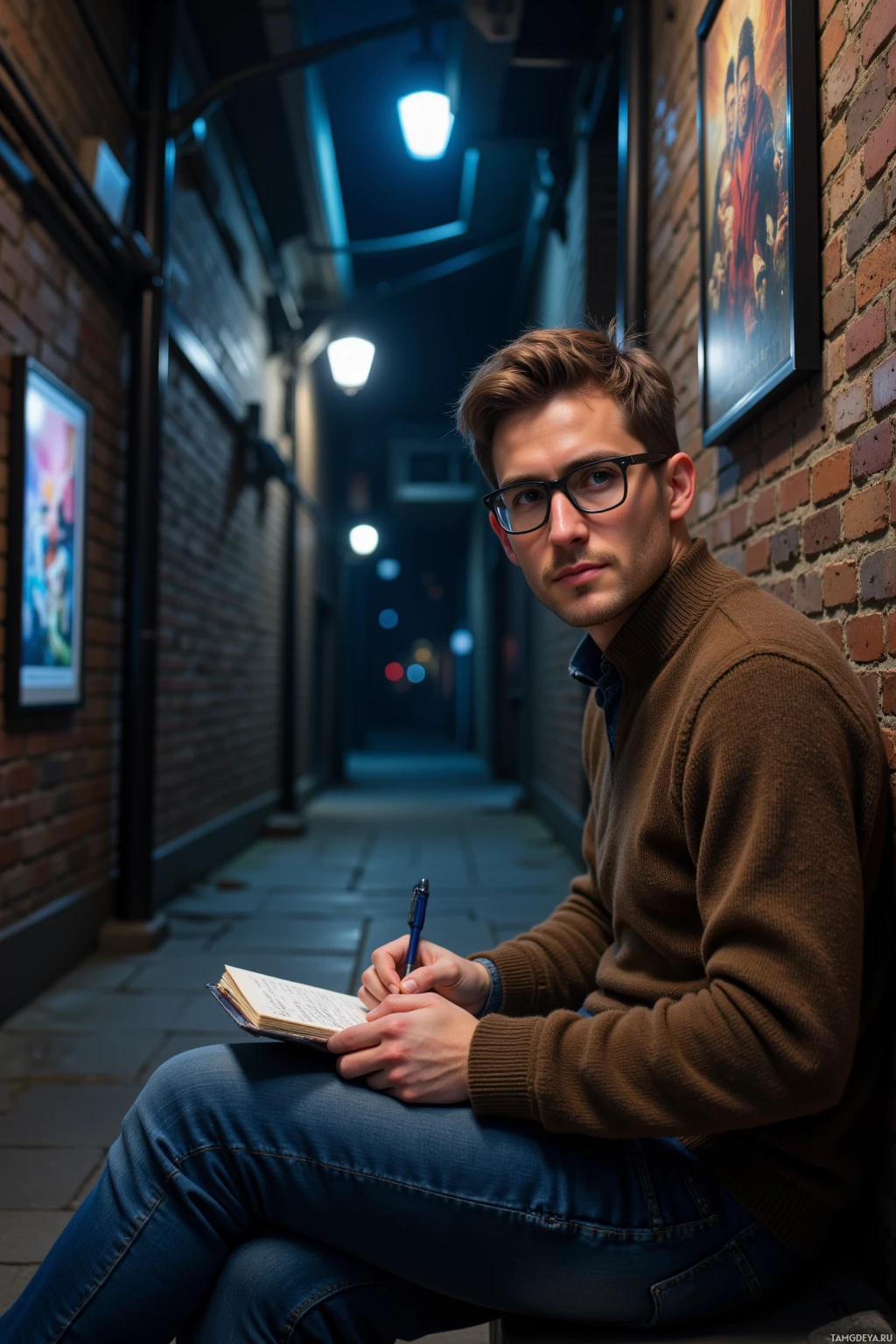 A man sits in a dimly lit alleyway, holding a notebook and pen.