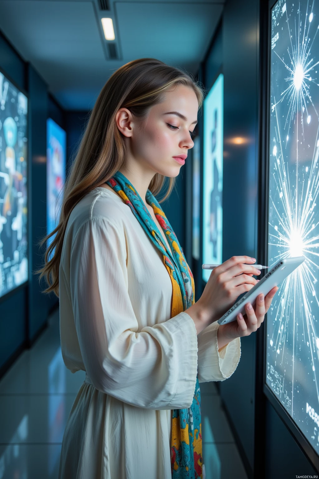 A woman in a white blouse and colorful scarf uses a tablet in a modern, tech-themed environment.