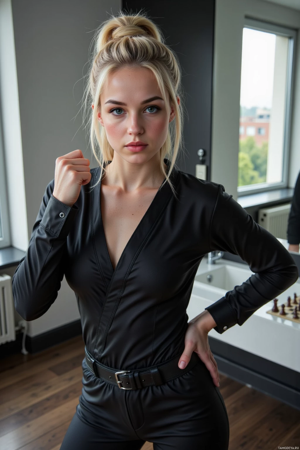 A woman in a black outfit stands in a room with a chessboard in the background.