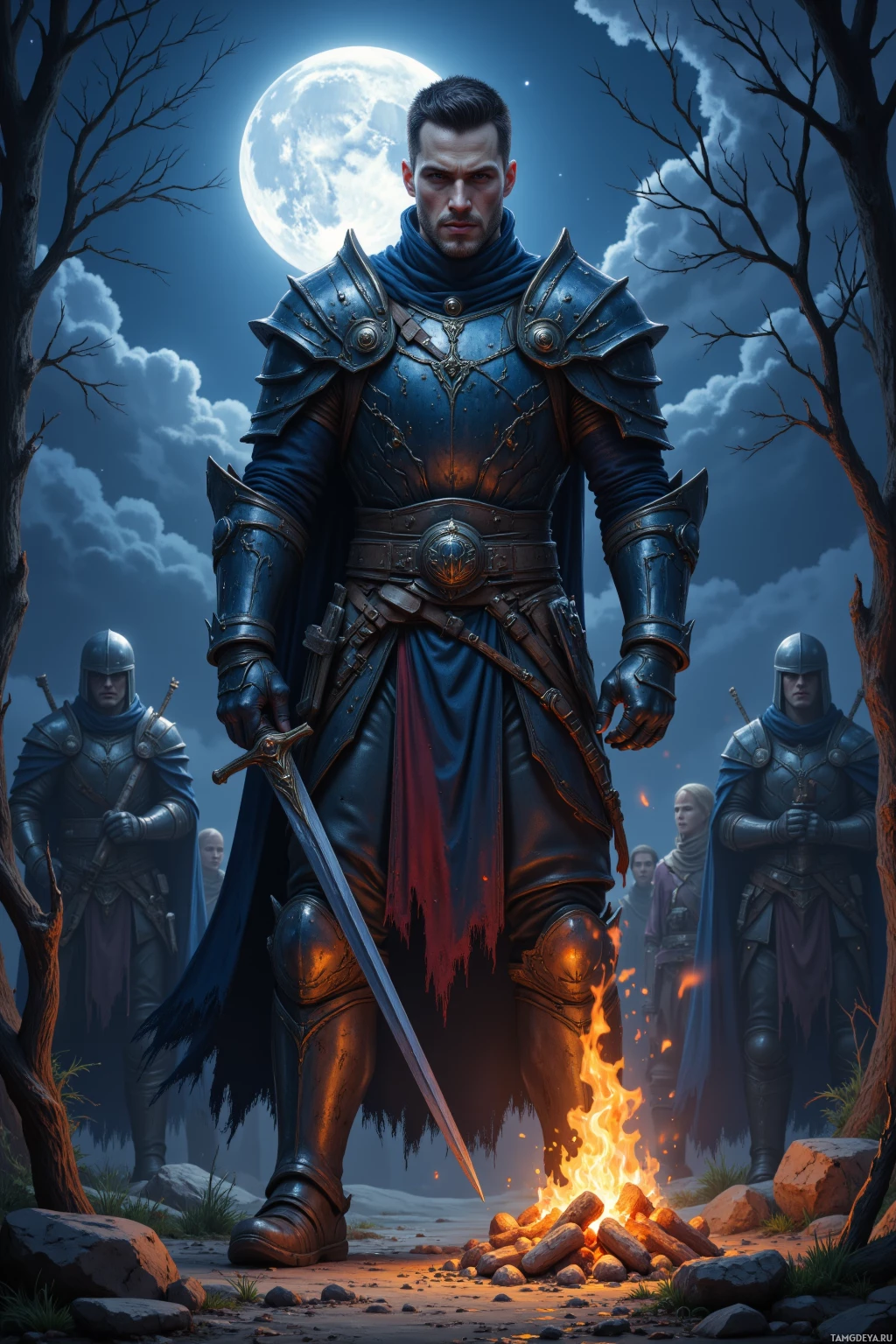 A knight in blue armor stands beside a campfire, with other armored figures in the background under a night sky.