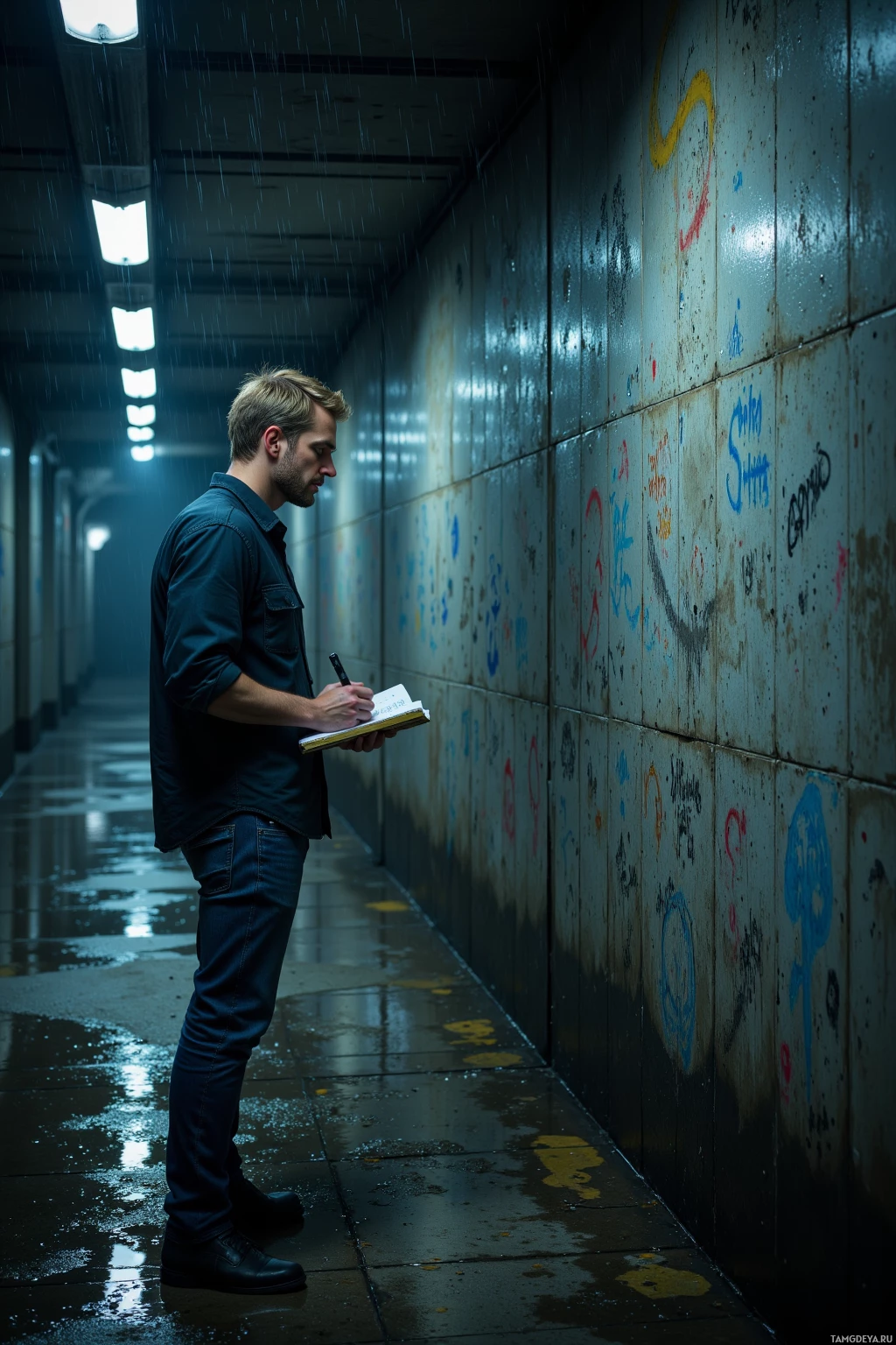 A man stands in a dimly lit, graffiti-covered corridor, writing in a notebook.