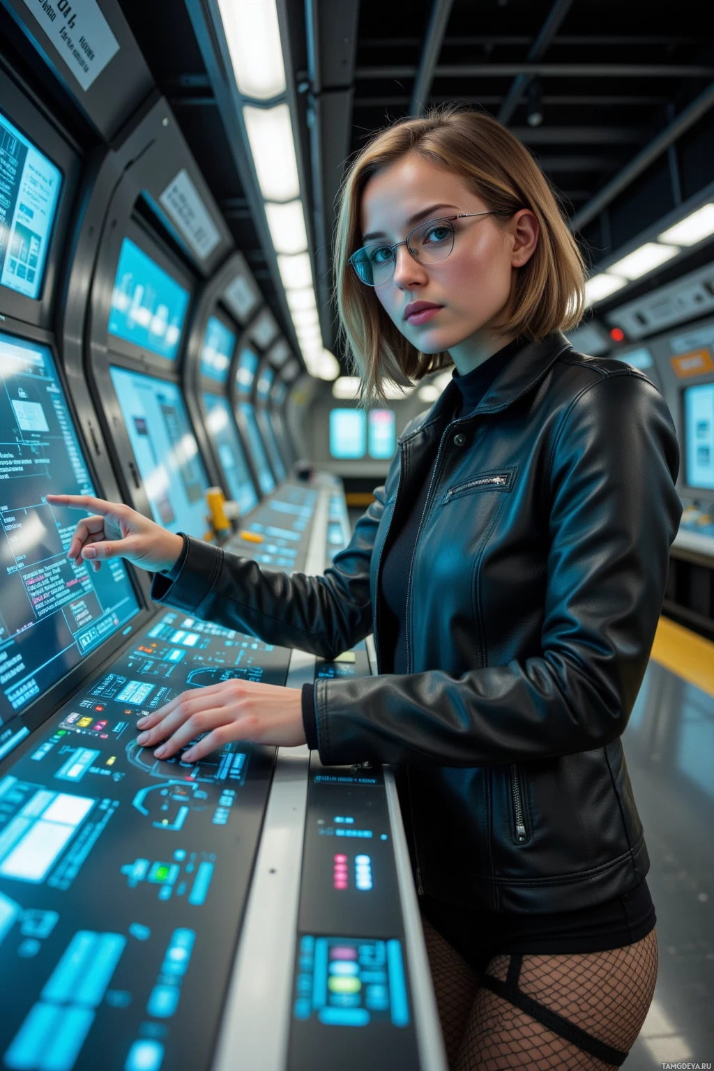 A person in a futuristic setting interacts with a control panel.