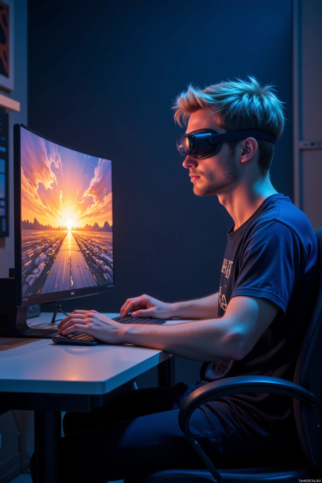A person wearing glasses sits at a desk, working on a computer with a vibrant sunset image displayed on the screen.