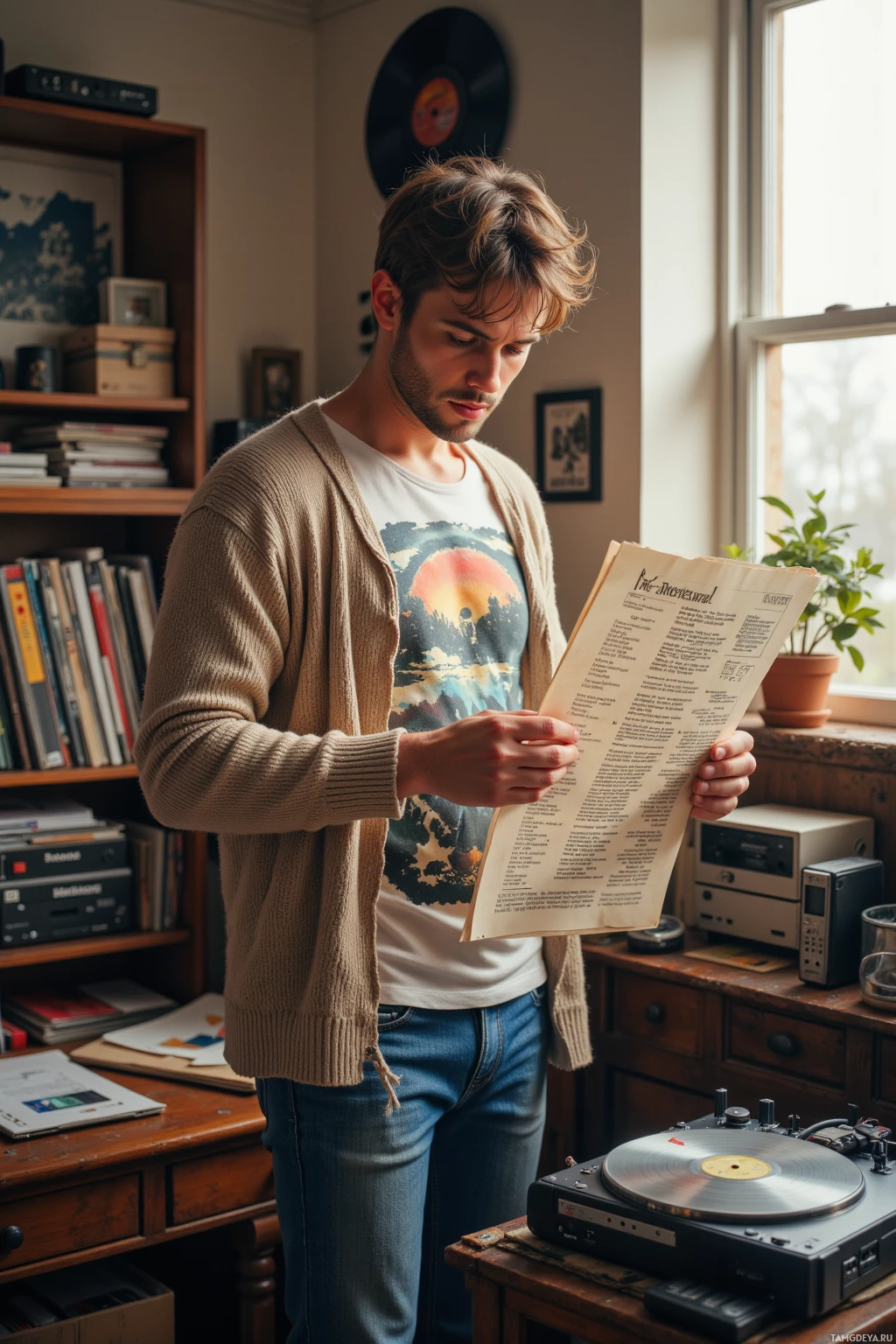 A man stands in a room, holding and reading a document, with a record player and bookshelf in the background.