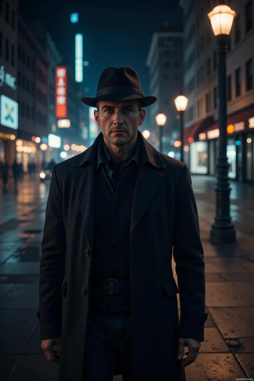 A man in a dark coat and hat stands on a dimly lit city street at night.