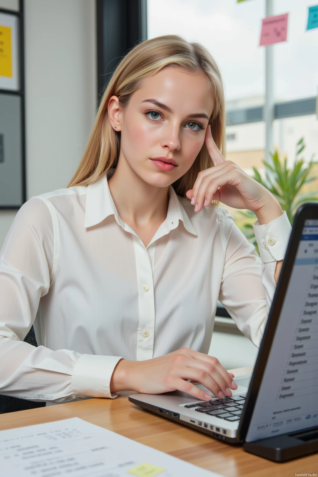 A woman in a white shirt is working at a desk with a laptop.