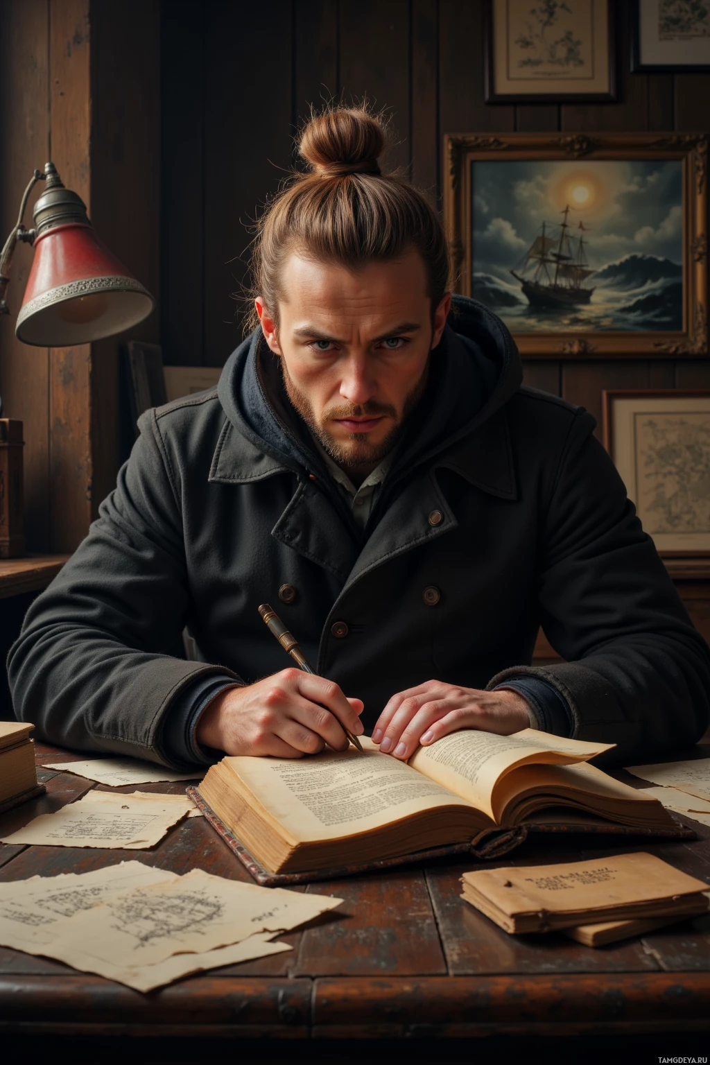 A man in a dark coat sits at a desk, writing in a notebook with a pen.