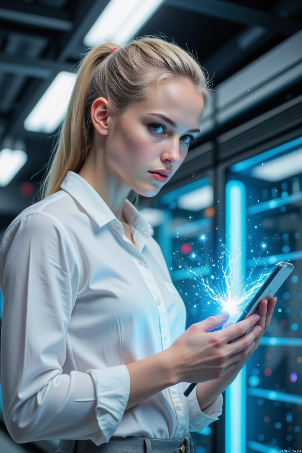 A woman in a white shirt holds a glowing smartphone in a futuristic setting.