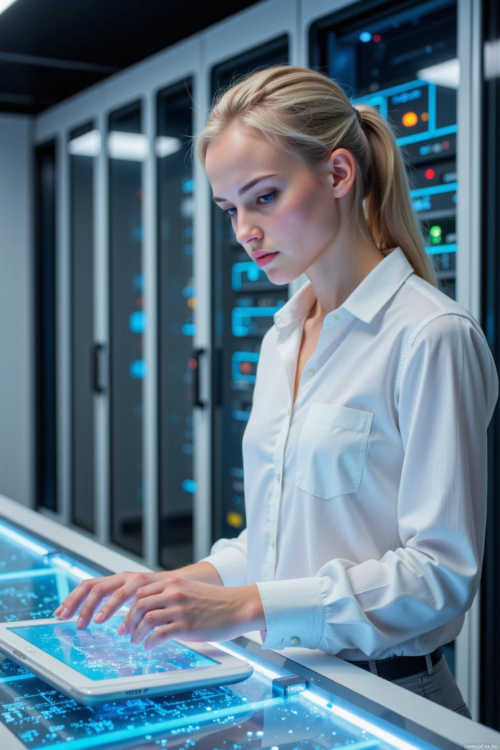 A woman in a white shirt is working on a futuristic tablet in a server room.