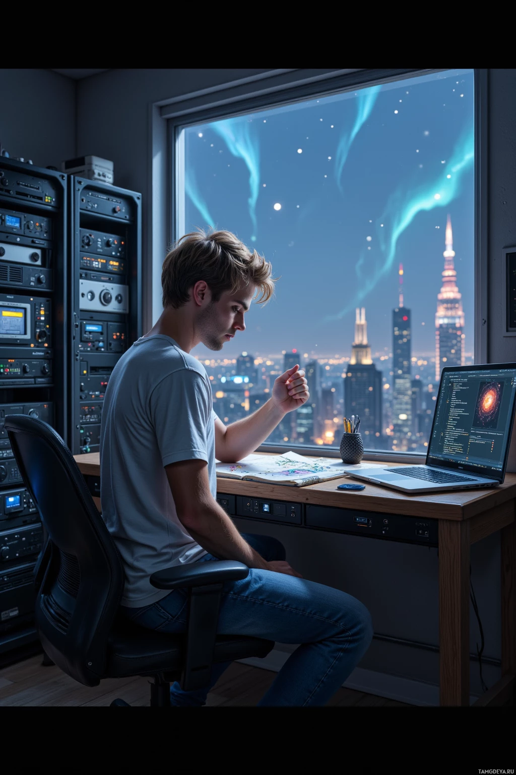 A person sits at a desk in a room with a cityscape view, working on a laptop.