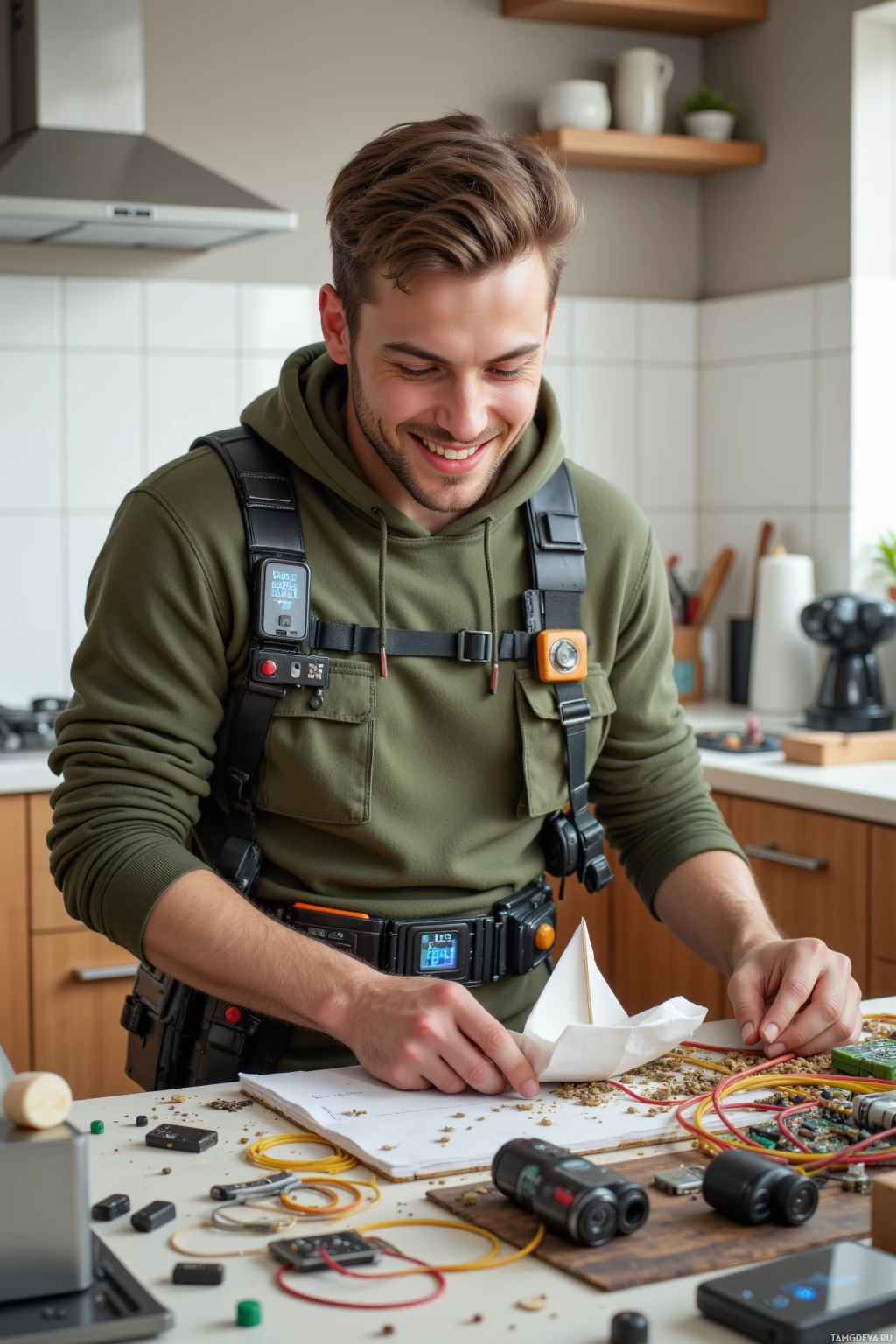 A man in a green hoodie and utility belt is working on a project at a table with various tools and materials.