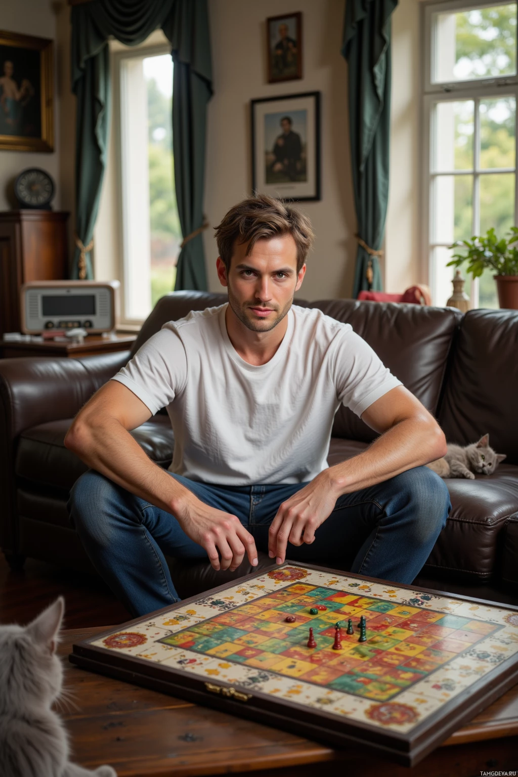 A man sits on a couch in a cozy living room, looking at a board game on a table.