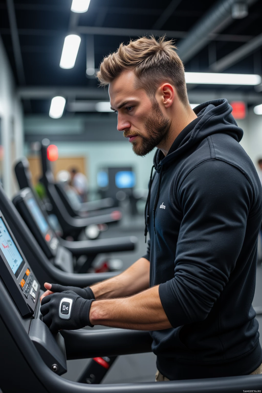 A man in a gym is using a treadmill.