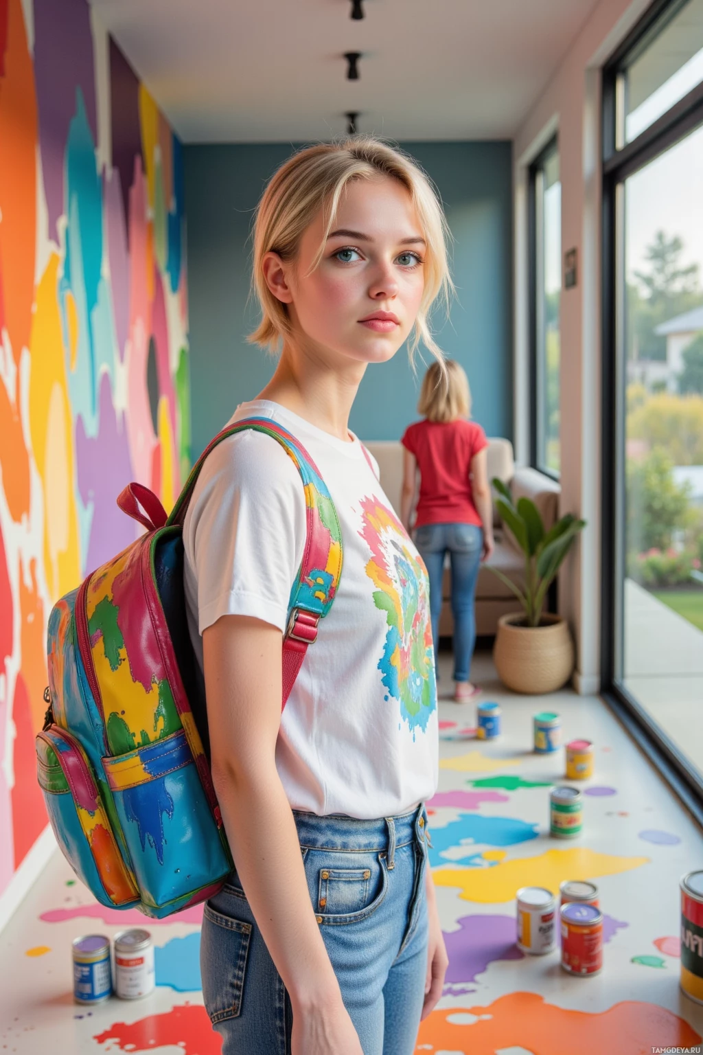 A person stands in a colorful, art-filled room with a vibrant backpack and paint cans on the floor.
