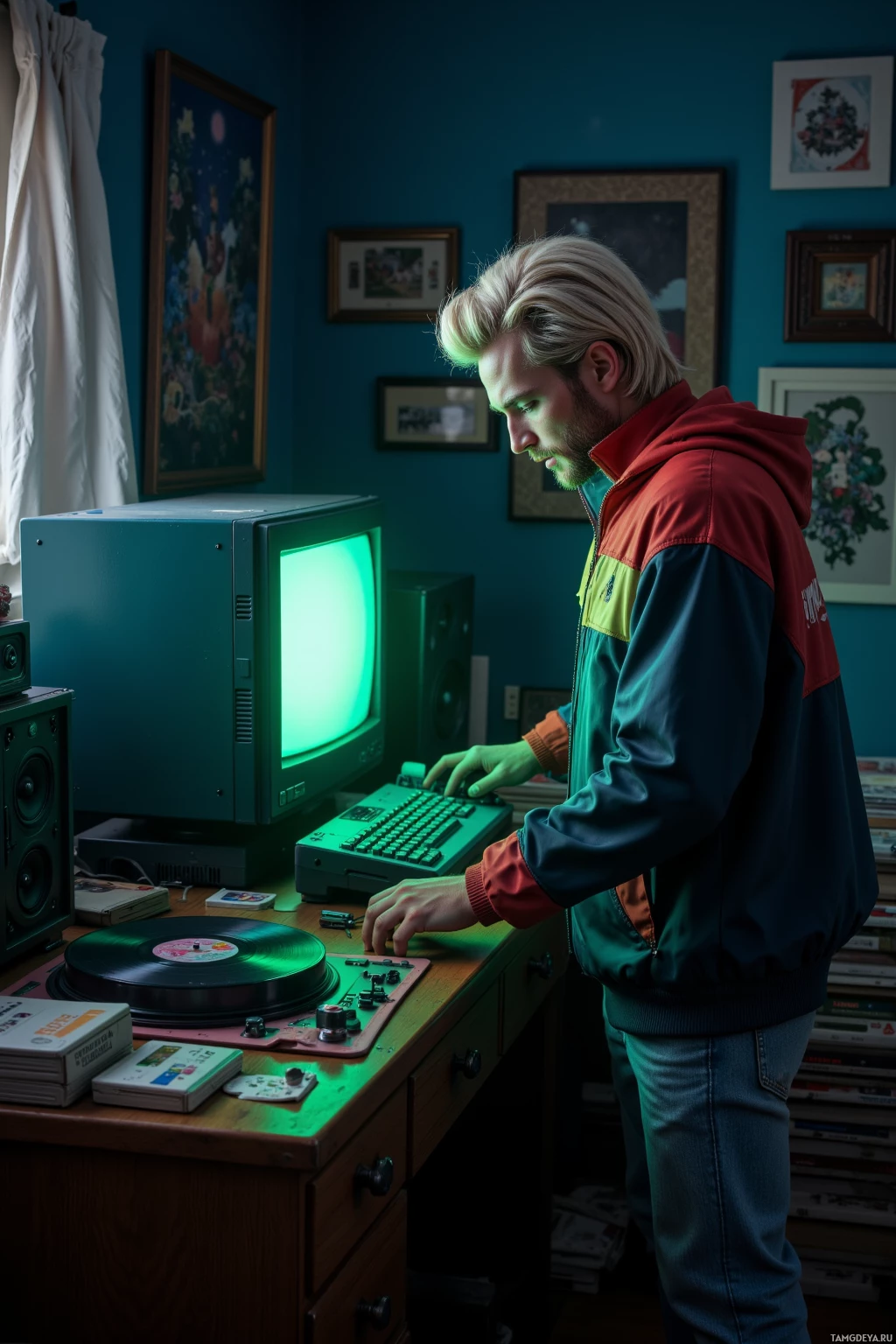 A person in a retro-style jacket stands at a desk with a vintage computer and turntable, surrounded by framed pictures and books.