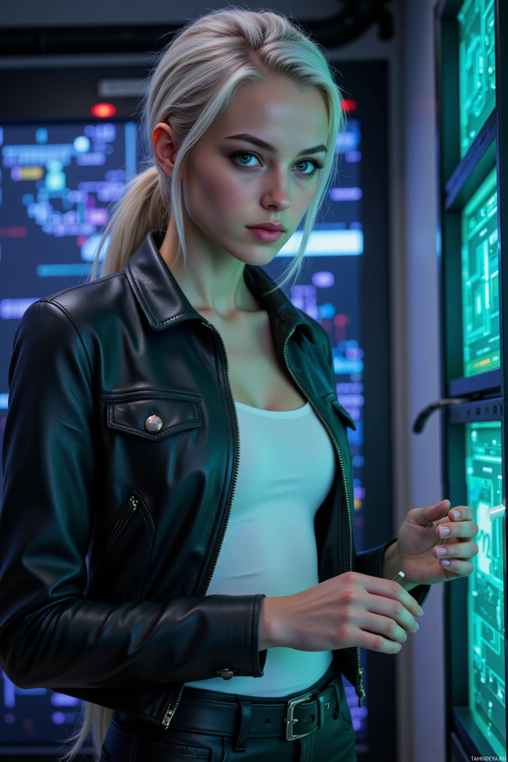 A woman in a black leather jacket stands in a futuristic setting with glowing screens.