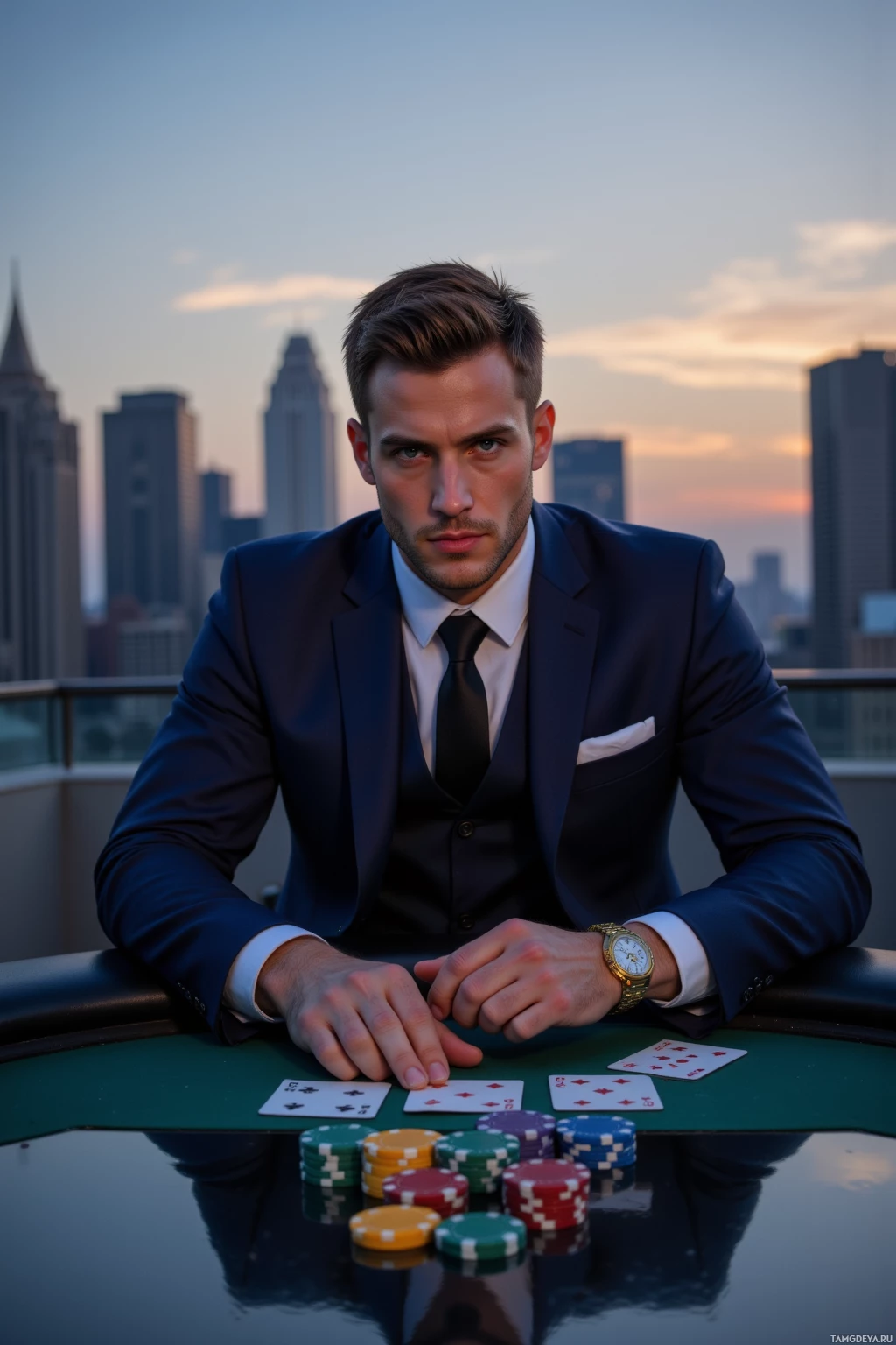A man in a suit sits at a poker table with cards and chips, against a cityscape backdrop.