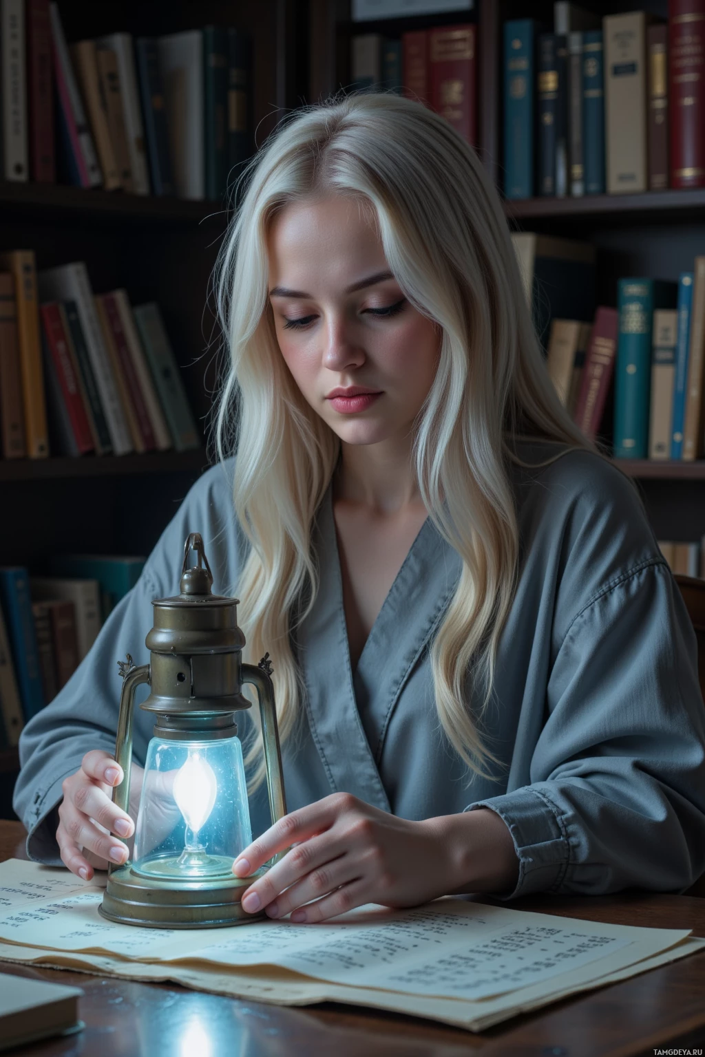 A person with long blonde hair sits at a desk, holding a lantern over an open book.