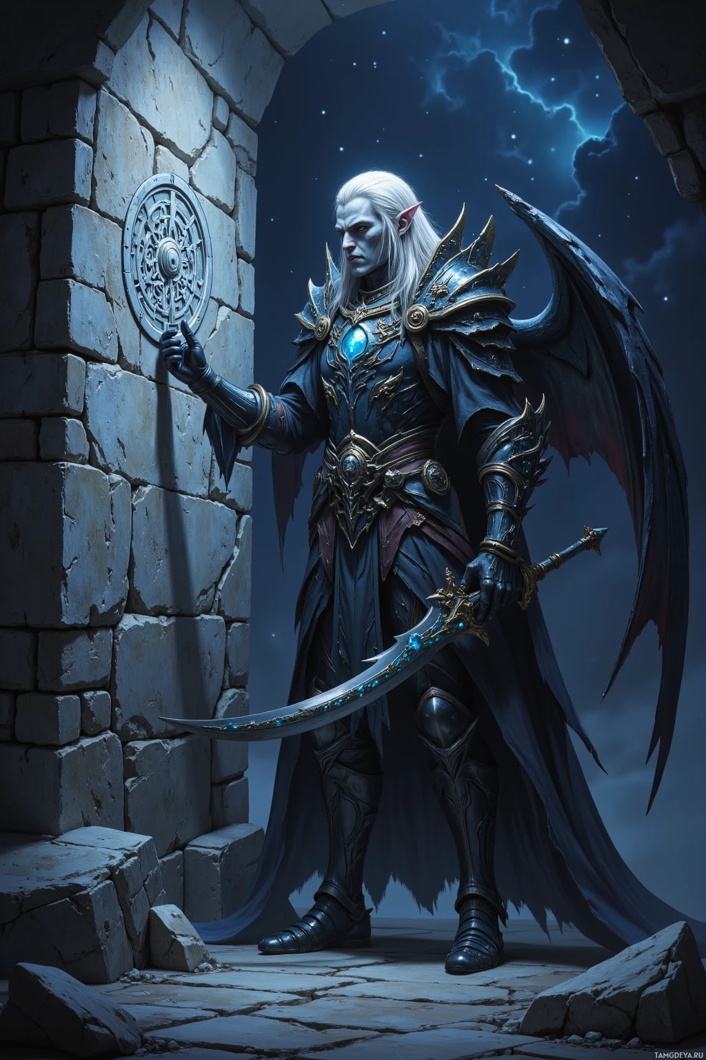 A fantasy character with wings and armor stands in a stone doorway under a starry night sky.