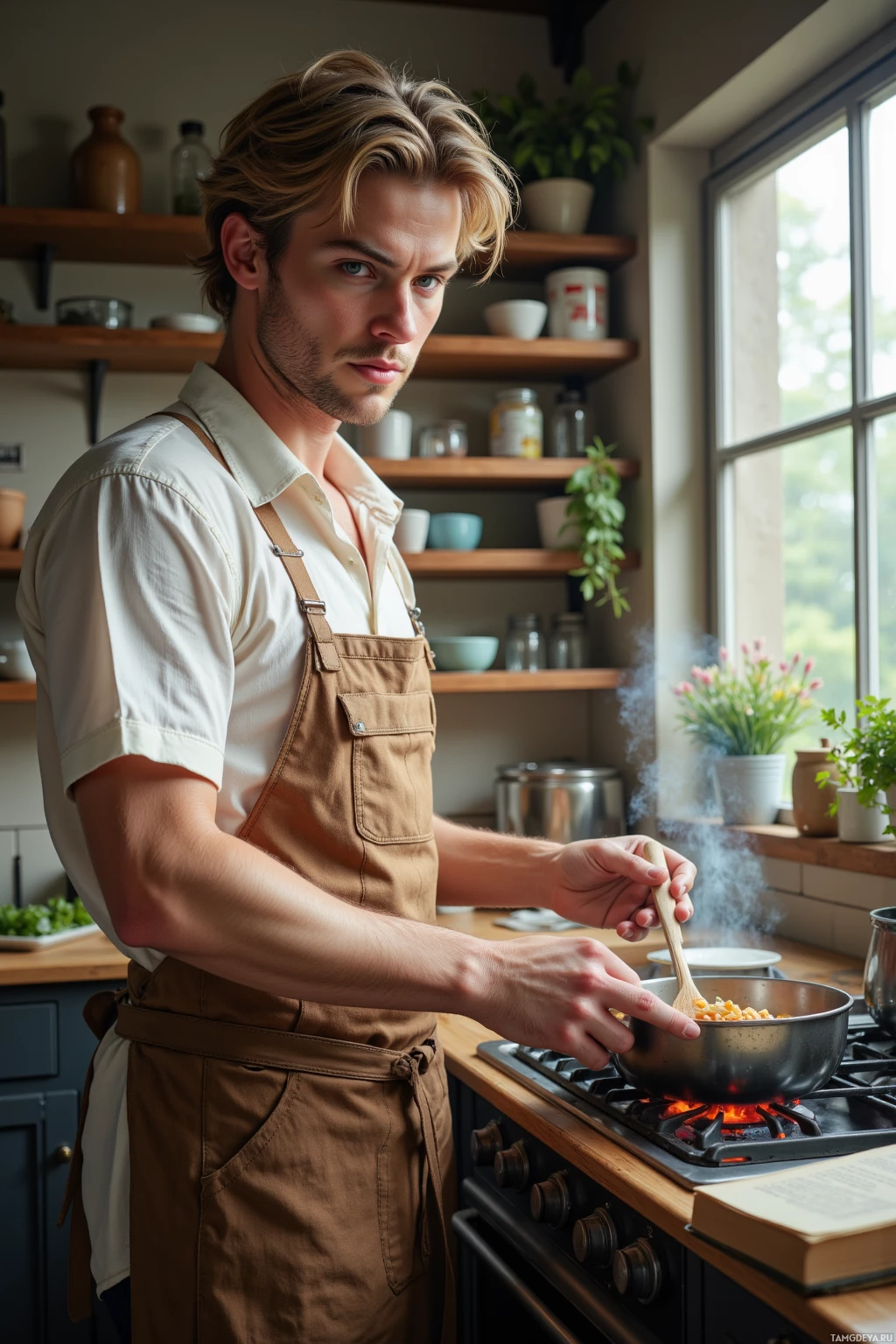 A man in an apron cooks in a kitchen with a pot on the stove.