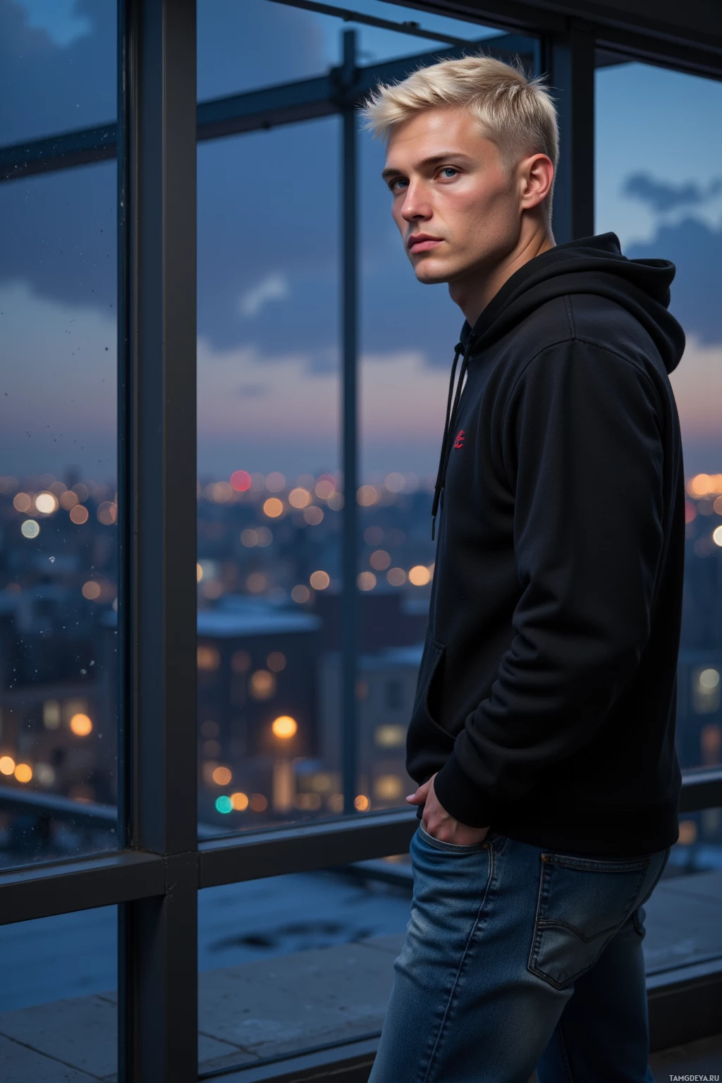 A person stands by a window overlooking a cityscape at dusk.
