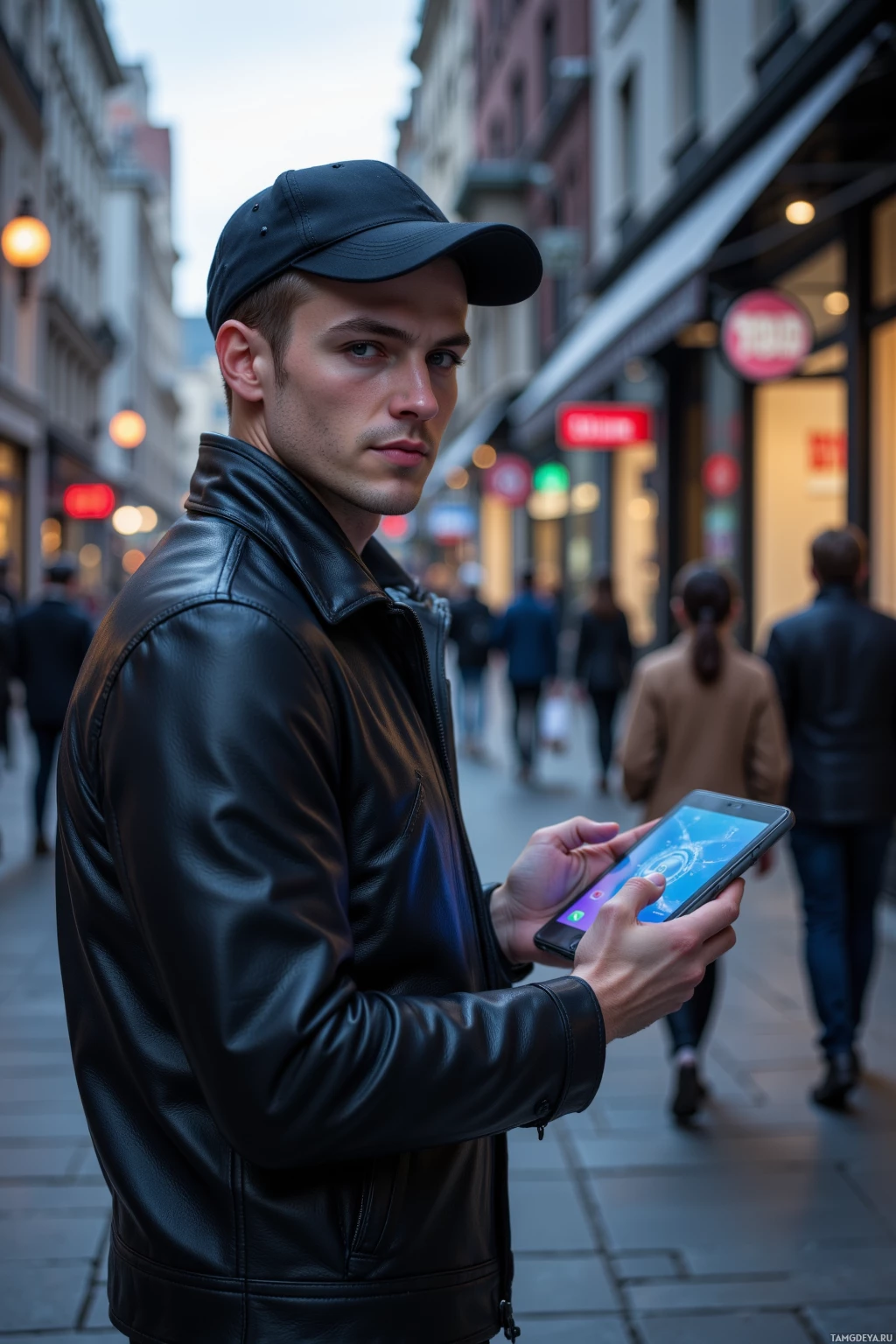 A man in a black leather jacket and cap stands on a city street, holding a smartphone.