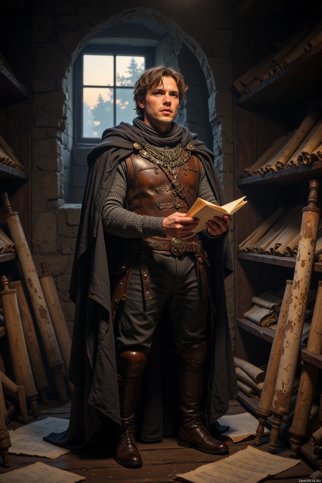 A man in medieval attire stands in a dimly lit room, holding an open book.