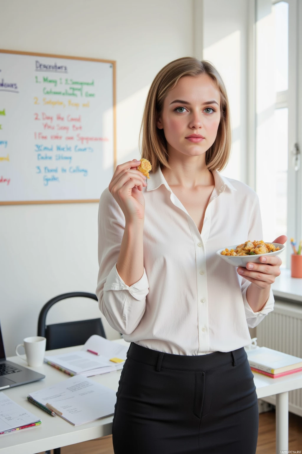 A woman in a professional setting holds a bowl of food while standing in front of a whiteboard.