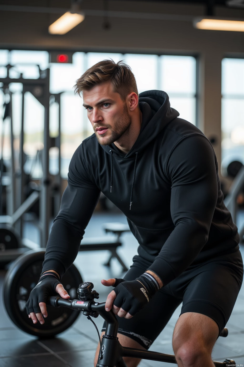 A man in a gym is riding a stationary bike.