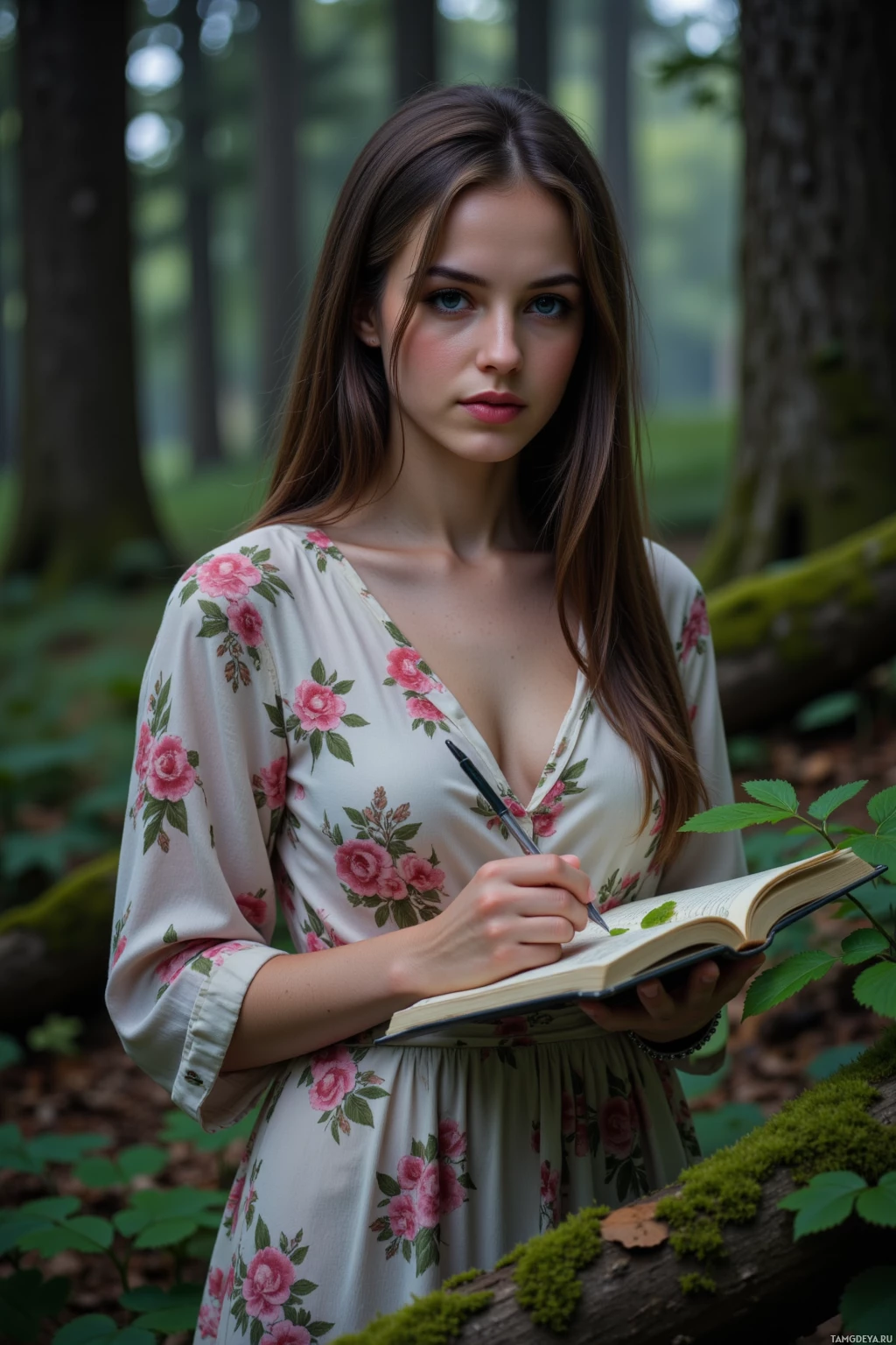 A woman in a floral dress writes in a notebook in a forest setting.