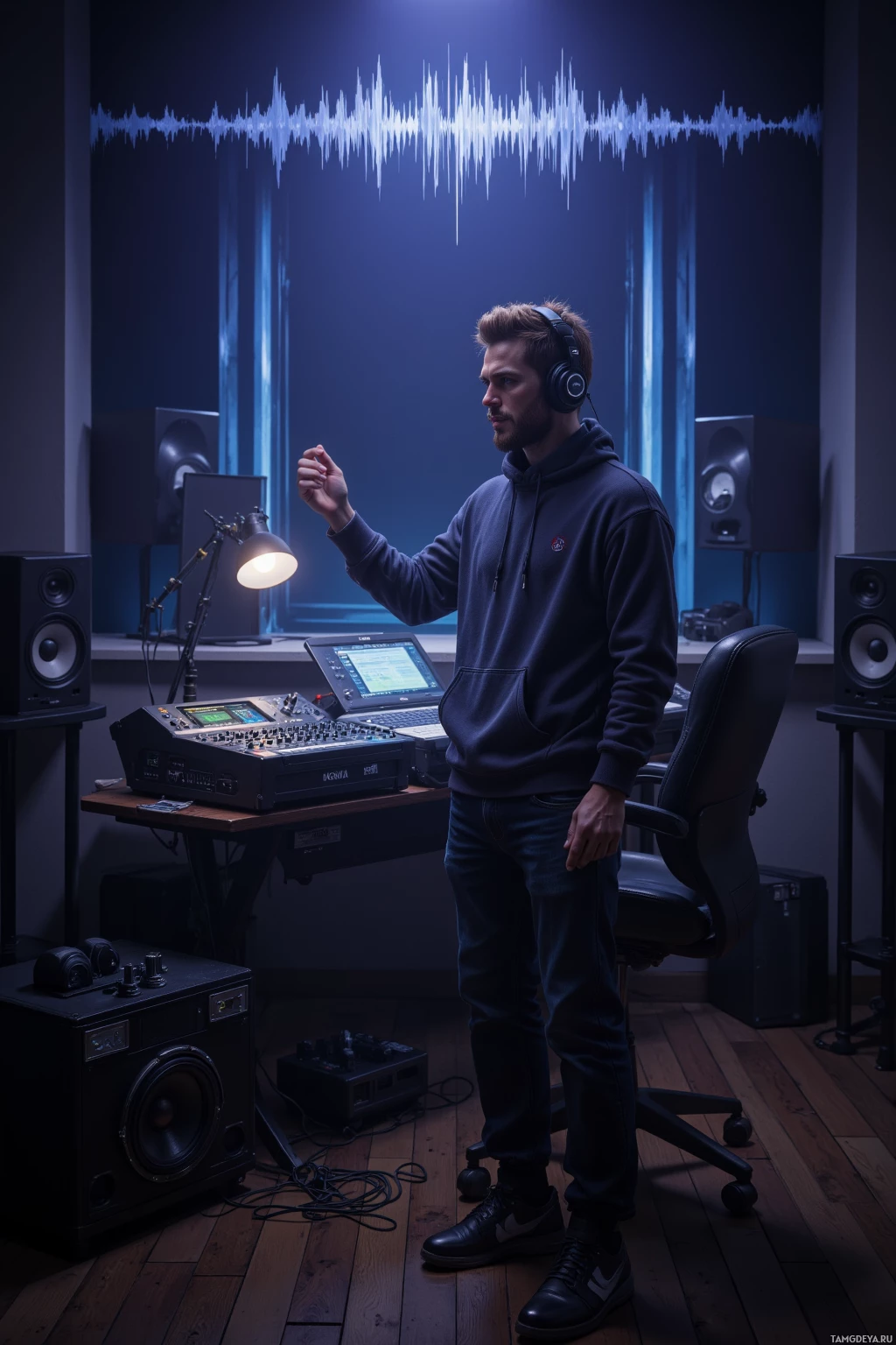 A person in a recording studio wearing headphones and standing near audio equipment.