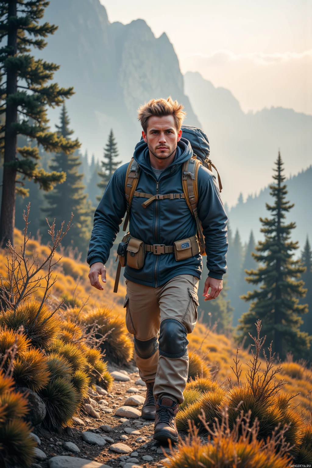 A hiker walks along a rocky path in a mountainous forest.