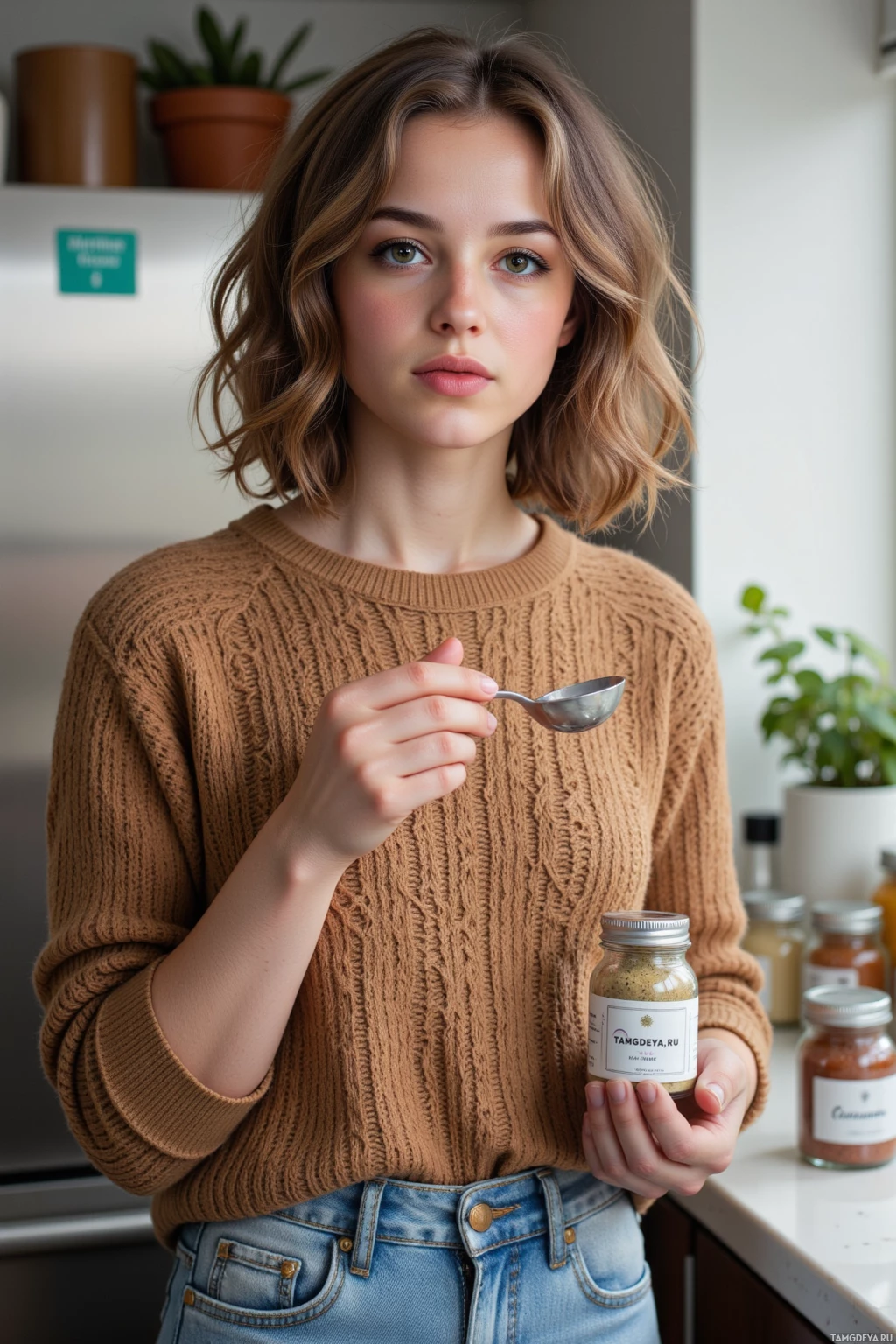 A person in a brown sweater holds a spoon and a jar of spice in a kitchen setting.