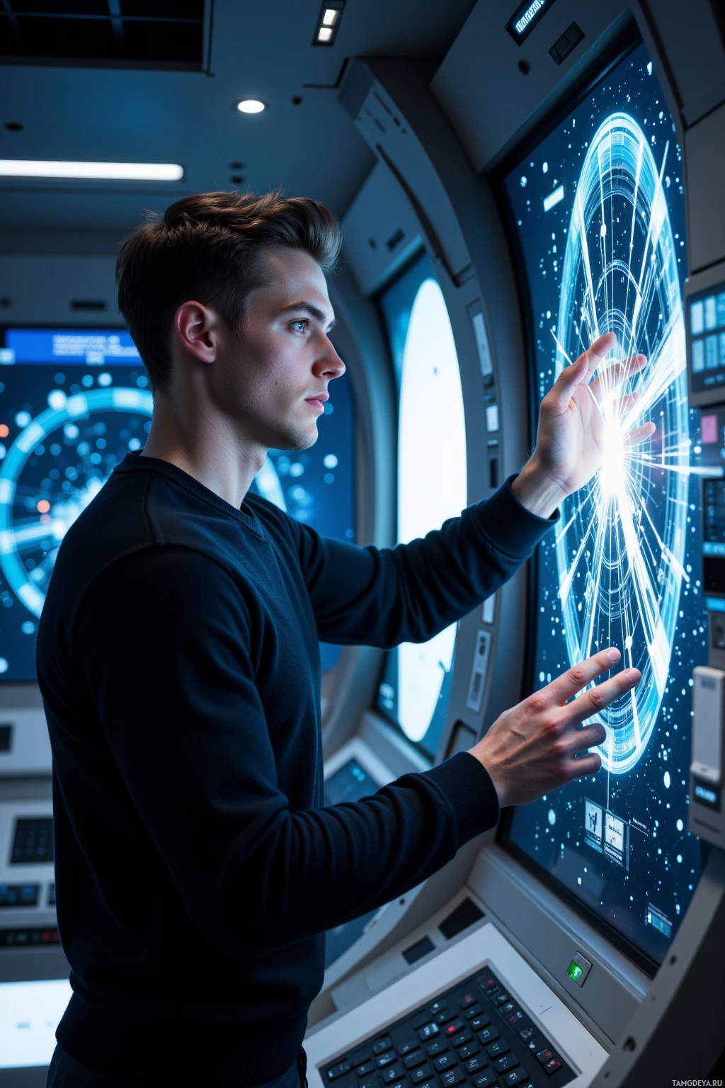 A person interacts with a futuristic touchscreen interface in a high-tech environment.