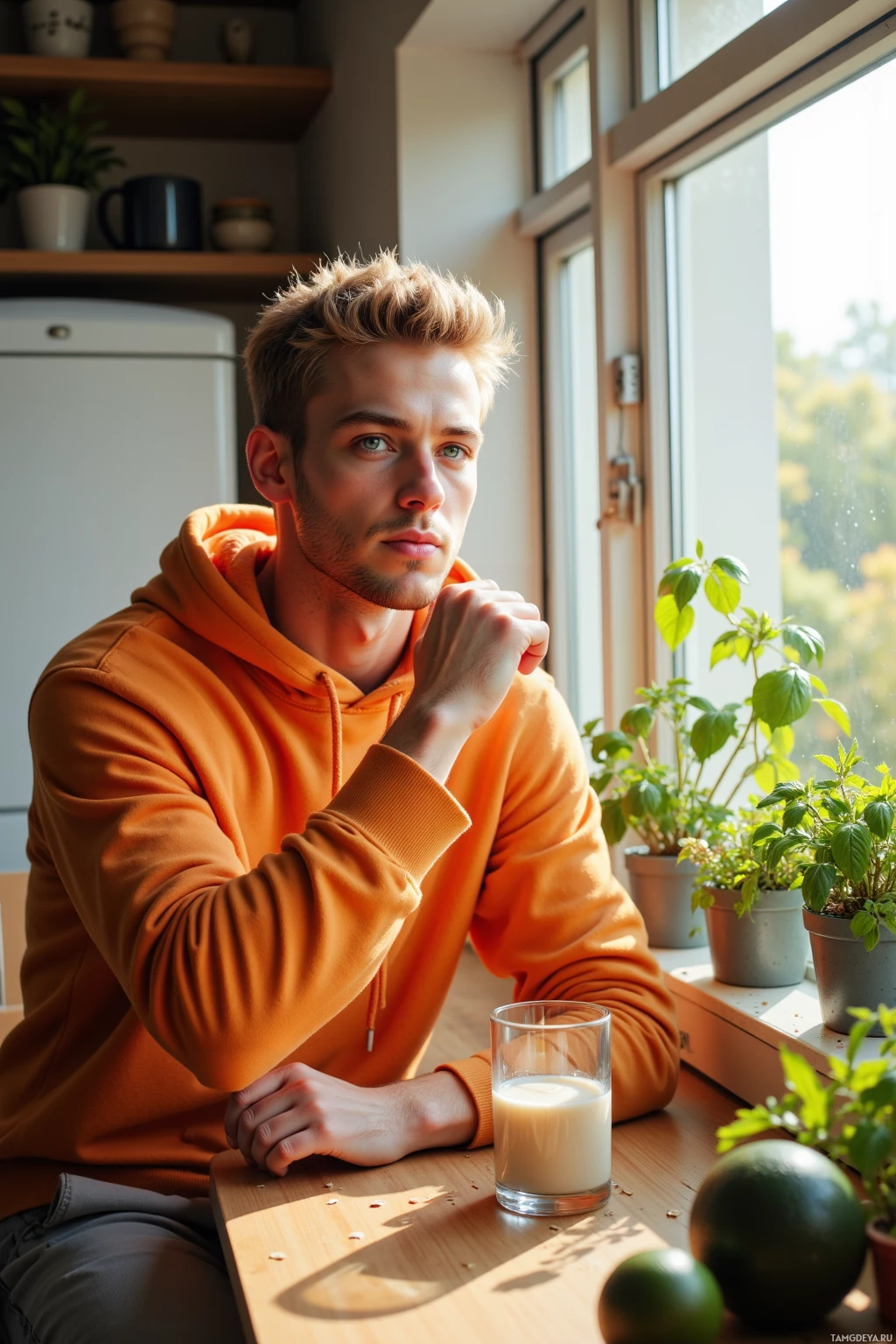 A person in an orange hoodie sits by a window with a glass of milk and a potted plant.