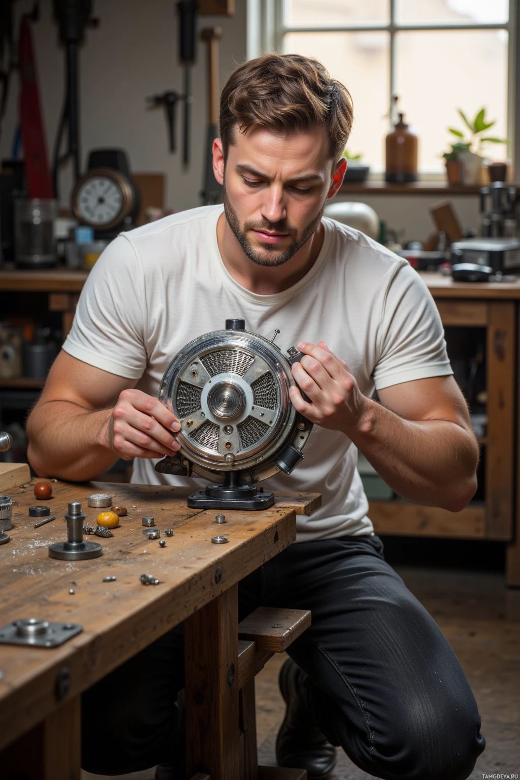 A man is working on a mechanical device in a workshop.
