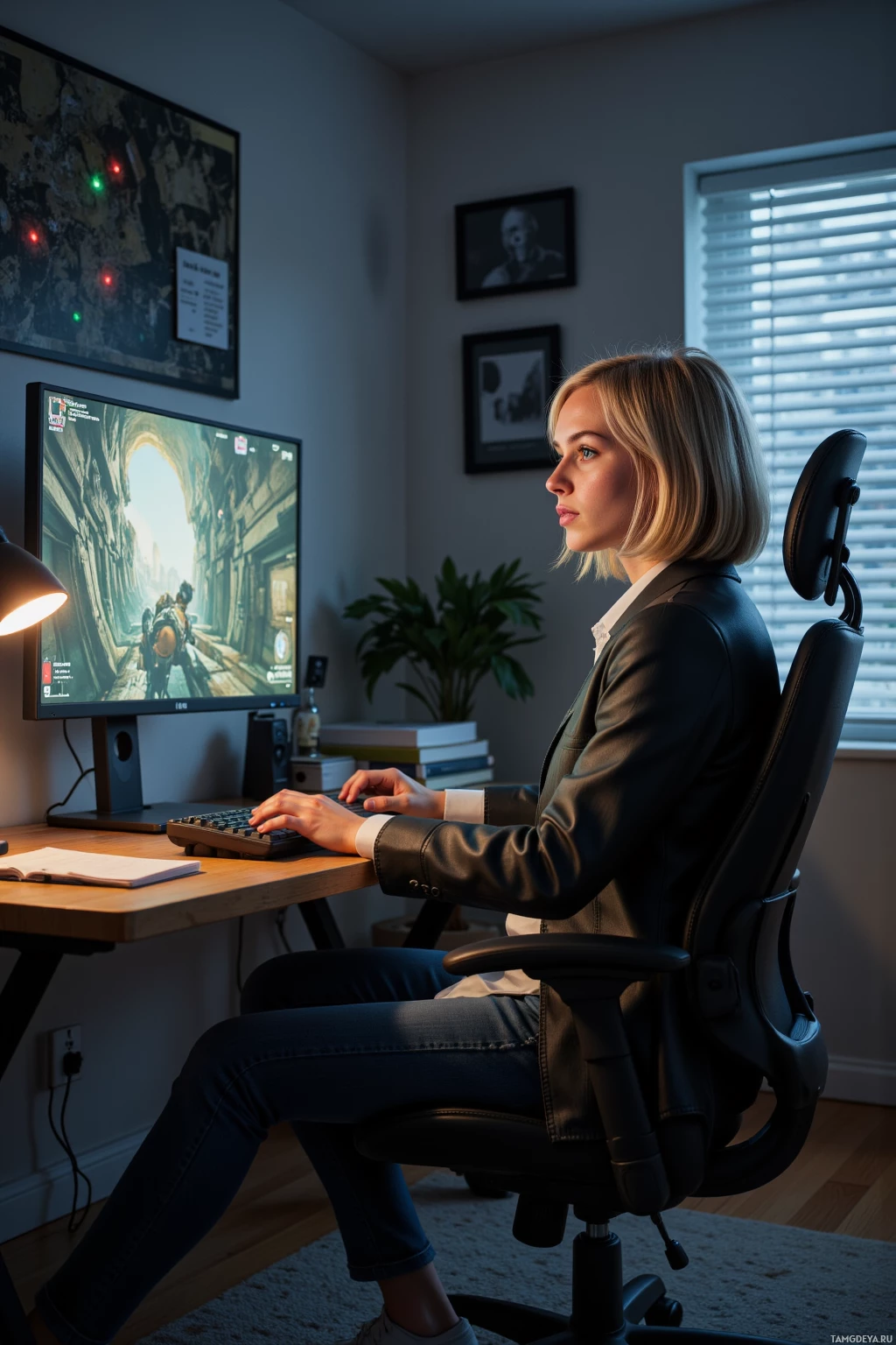 A person is sitting at a desk, working on a computer in a well-lit room.