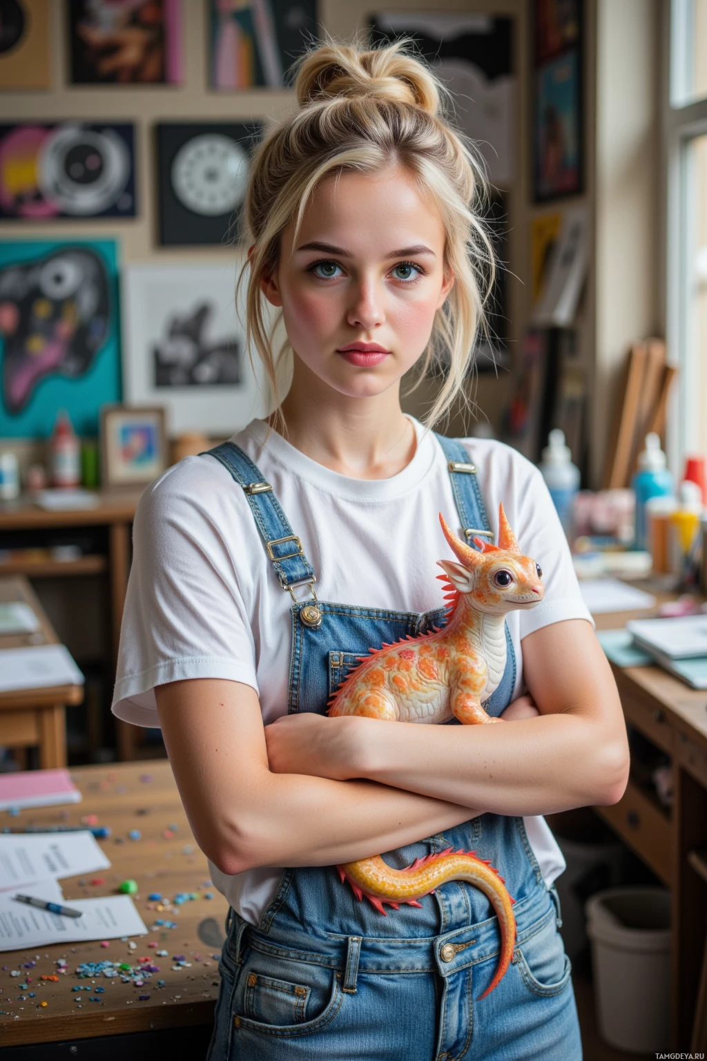 A person in a white shirt and denim overalls holds a small orange dragon figurine in a cluttered room.
